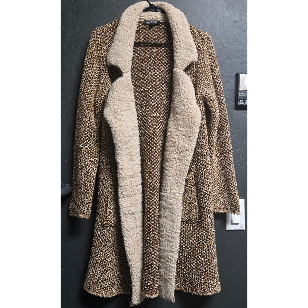 Womens XL Earthtones Chunky Knit Sherpa Collar Open Front Cardigan Cabincore